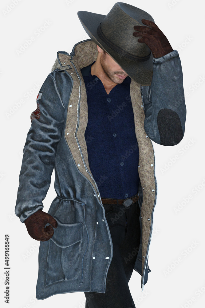 Denny is a hard-working rancher cowboy construction man - 3D illustrated male character render on an isolated white background. Denny has brown hair and brown eyes. 