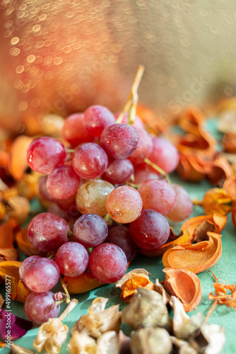 Grapes. Autumn composition of fruits and beautiful glowing bokeh on a blurred background of water drops. Shallow depth of field. Food.The artistic intend and the filters. Film style old lens