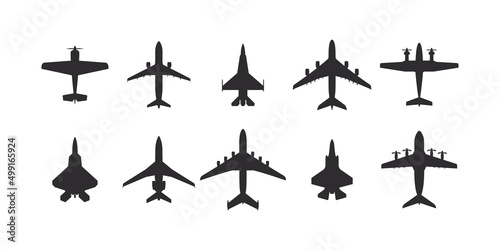 Airplane icon set. Aircrafts icons flat style. Airplanes silhouettes top view. Vector icons