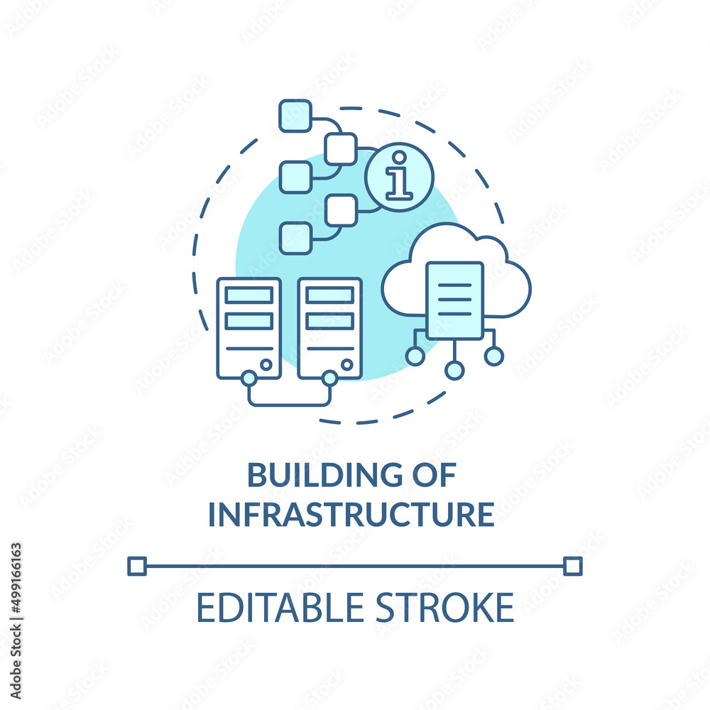 Building of infrastructure turquoise concept icon. Function of information sector abstract idea thin line illustration. Isolated outline drawing. Editable stroke. Arial, Myriad Pro-Bold fonts used Building of infrastructure turquoise concept icon. Function of information sector abstract idea thin line illustration. Isolated outline drawing. Editable stroke. Arial, Myriad Pro-Bold fonts used