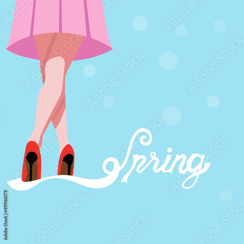 Women's footwear stylish shoes sale banner vector. Shopping concept seasonal discounts. Beautiful female legs with high heel shoes and tote bag. Fashion illustration flat style. Isolated objects