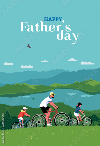 Happy father, son, daughter enjoy biking on mountain landscape vector poster. Dad, kids family together travel on nature outdoors flat color illustration. Fathers Day Holiday flyer, banner background