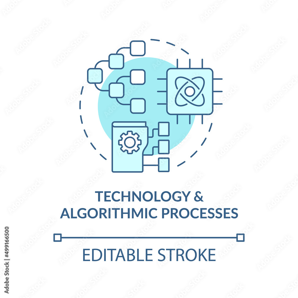 Technology and algorithmic processes turquoise concept icon. Info systems interaction abstract idea thin line illustration. Isolated outline drawing. Editable stroke. Arial, Myriad Pro-Bold fonts used