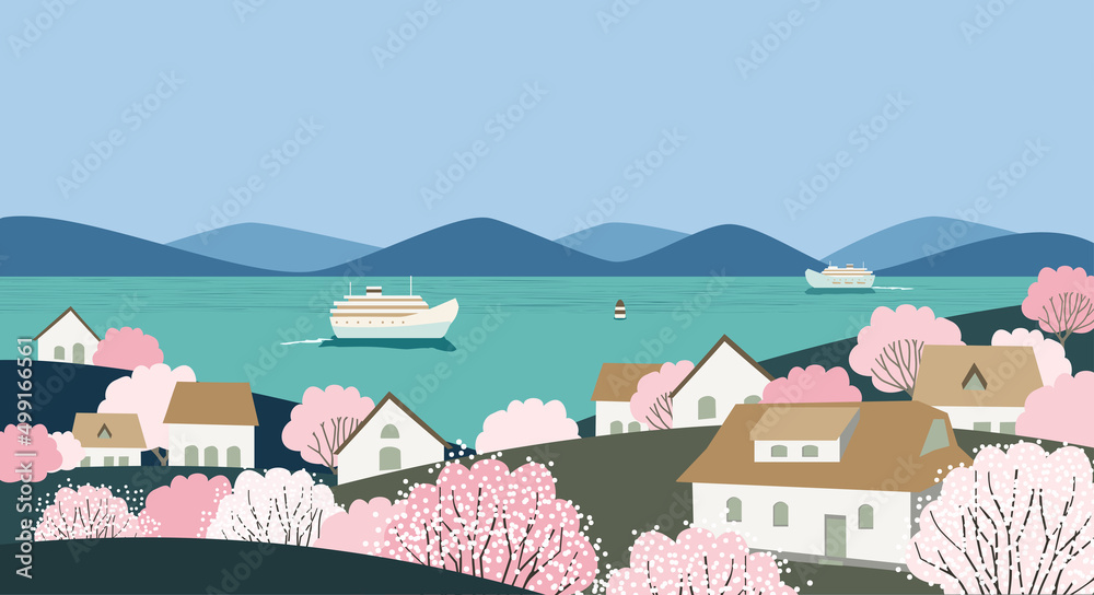 Rural landscape in blooming springtime flat color vector. Village fruit orchard in full bloom background. Farm houses fruit garden trees on river bank illustration. Cherry, Peach, Apple, Apricot trees