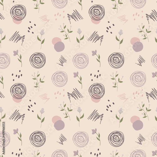 Vector endless pattern of cute wild flowers, chaotic circles and zigzags. Hand drawn flowers on a beige background. Vector seamless print