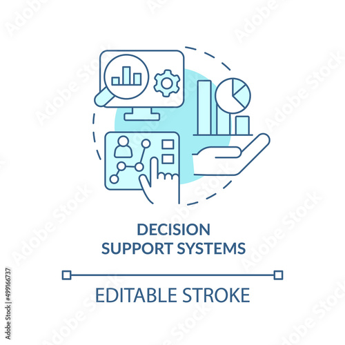 Decision support systems turquoise concept icon. Data analyzing abstract idea thin line illustration. Decision-making. Isolated outline drawing. Editable stroke. Arial, Myriad Pro-Bold fonts used