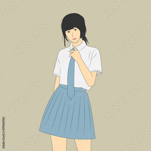 Vector illustration of asian girl wearing school uniform in flat cartoon style