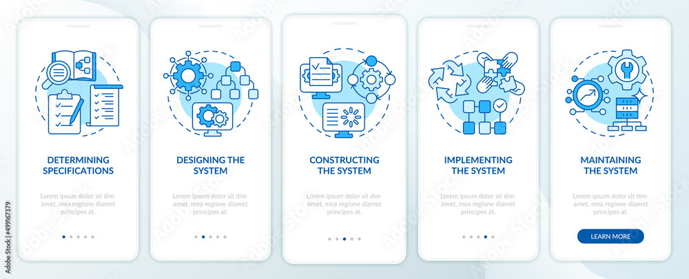 Info system development life cycle blue onboarding mobile app screen ...