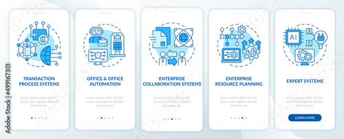 Variety of information systems blue onboarding mobile app screen. Walkthrough 5 steps graphic instructions pages with linear concepts. UI, UX, GUI template. Myriad Pro-Bold, Regular fonts used