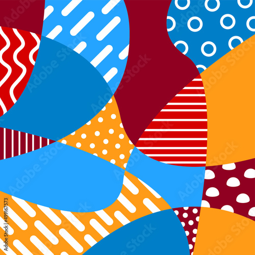 Vector illustration is an abstract pattern with bright colored patches with an ornament - circles and lines. Concept - modern art and chaotic background