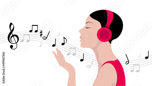 testa, donna, ragazza, ascoltare, musica,