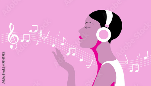 testa, donna, ragazza, ascoltare, musica,