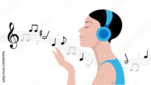 testa, donna, ragazza, ascoltare, musica,