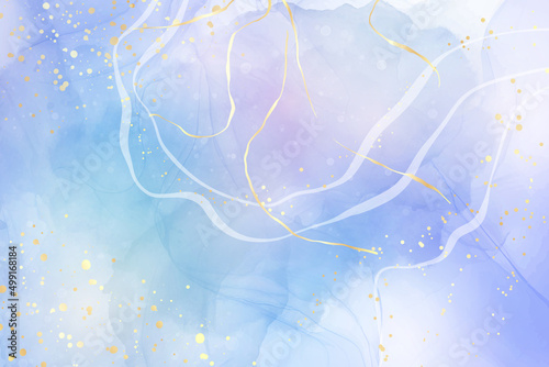 Violet cyan blue liquid watercolor background with golden stains. Teal mauve purple marble alcohol ink drawing effect. Vector illustration design template for wedding invitation, menu, rsvp
