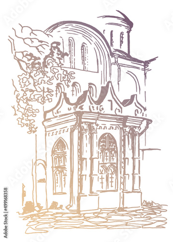 Hand drawn vintage linear sketch landscape with fragment of the ancient cathedral building in Chernihiv. Vector traced gold gradient colored drawing on a white background