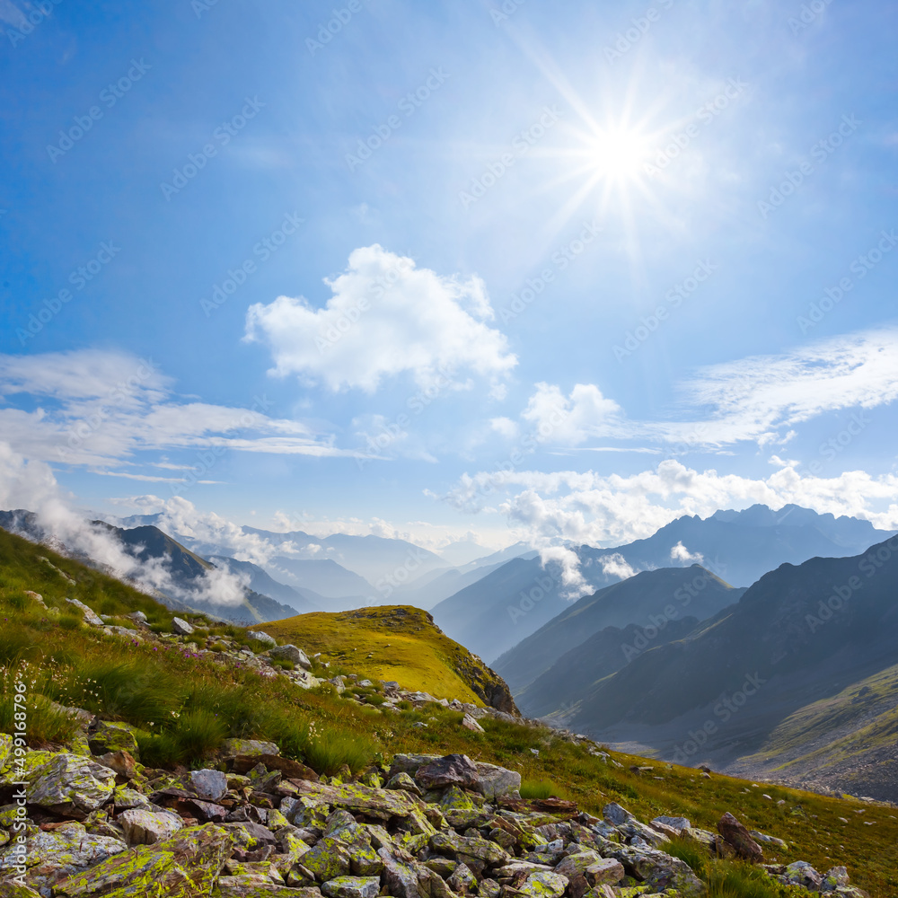 Fototapeta premium green mountain valley in dense clouds at sunny day