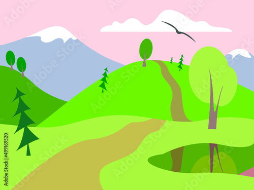 Vector illustration - a beautiful summer landscape with picturesque hills, mountains and a pond with a reflection against a pink sky with clouds. Concept - the beauty of nature