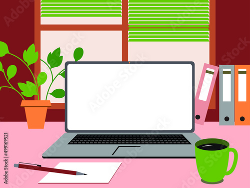 Vector illustration - an open laptop with a white screen and space for copying on a table with folders, indoor plants and a cup of coffee. Concept - remote work and home office