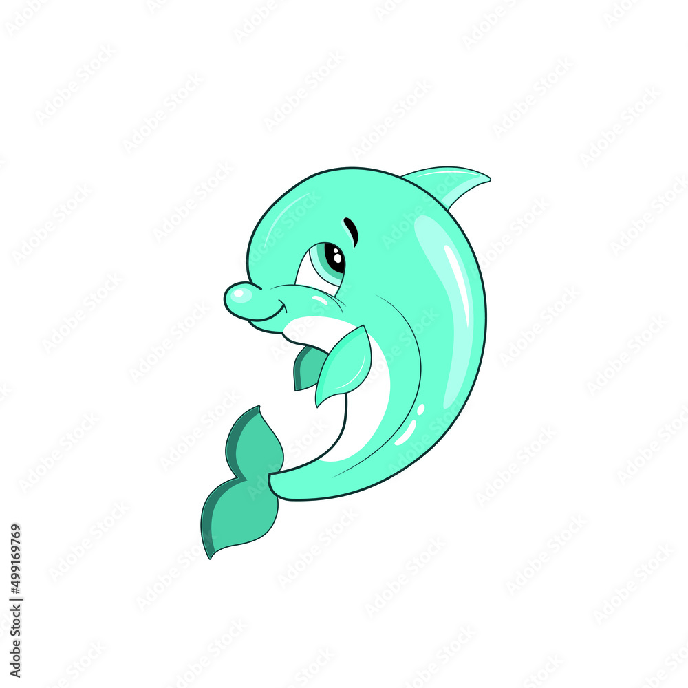 Fototapeta premium Dolphin vector illustration isolated on white background. Cute smiling character for icon, card, logo. Hand drawn cartoon animal print for kids or babies t-shirt design, room decoration, greeting card