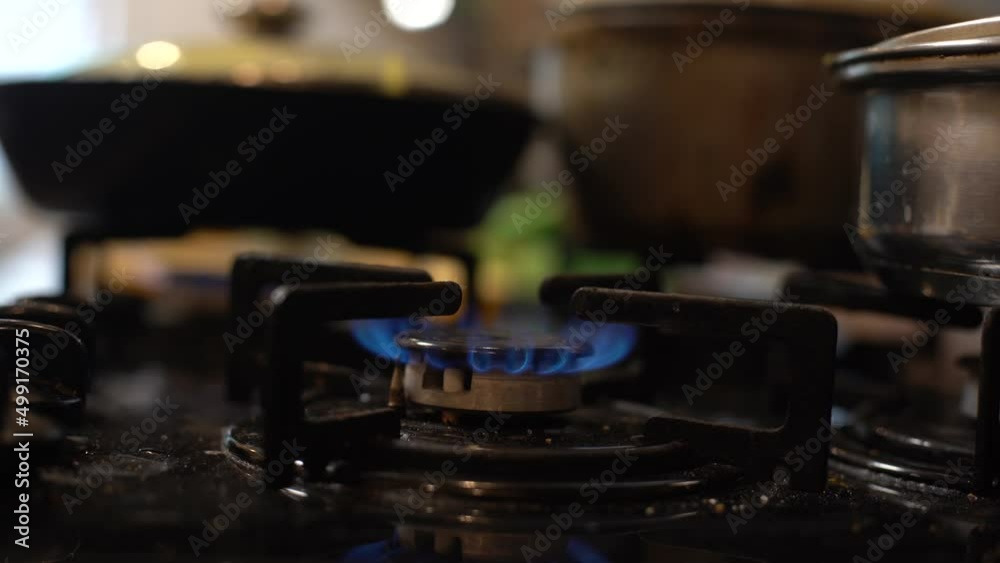 Closeup shot of blue fire from domestic kitchen stove top. Gas cooker with burning flames of propane gas. Industrial resources and economy concept Closeup shot of blue fire from domestic kitchen stove top. Gas cooker with burning flames of propane gas. Industrial resources and economy concept