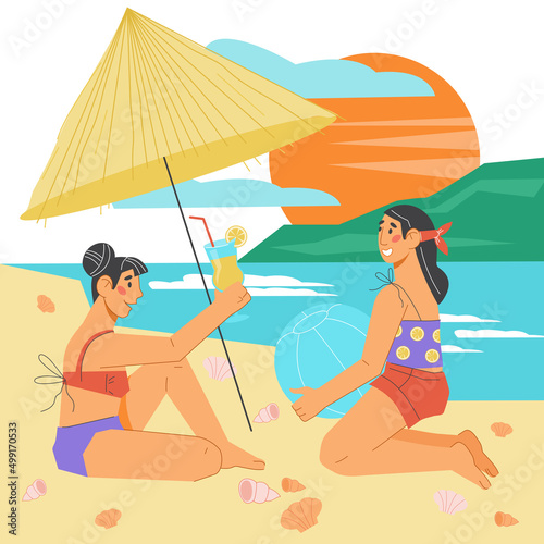 Summer seacoast with women enjoying vacation at beach, flat vector illustration.