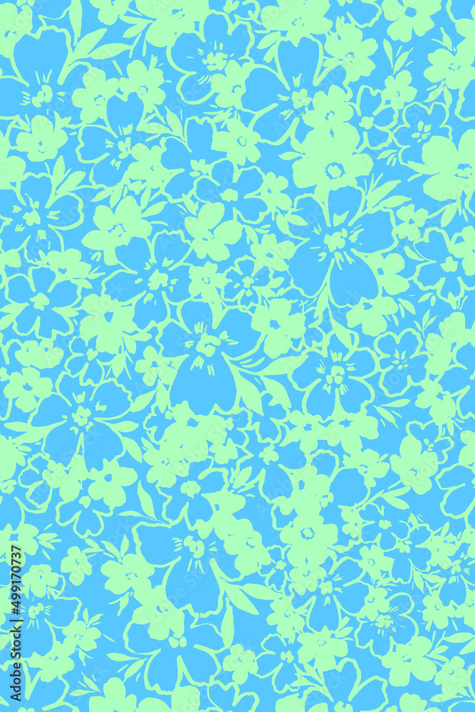 semless vector two-tone mint and light blue naive stylized floral pattern. Multidirectional allover floral ditsy design. 