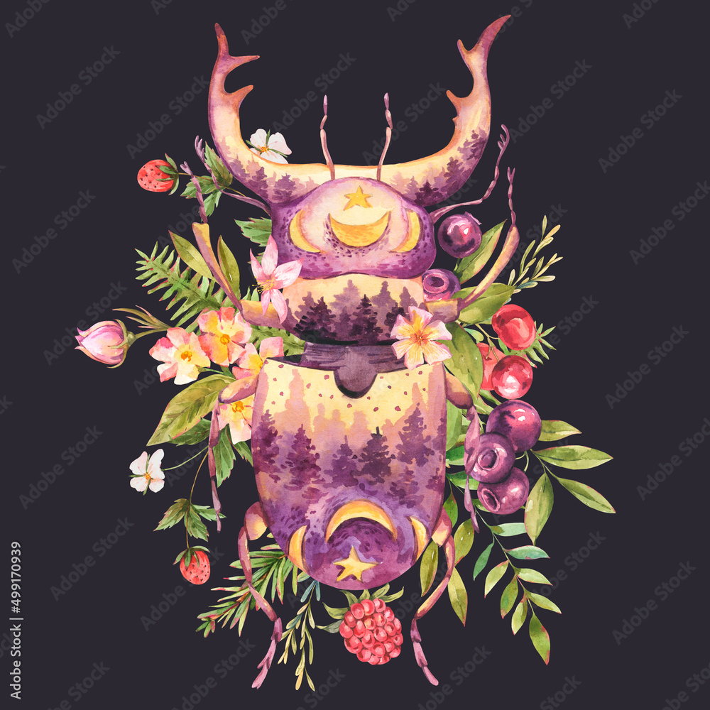 Spiritual sacred beetle with wildflowers. Totem animals watercolor floral illustration Stock Illustration | Adobe Stock Spiritual sacred beetle with wildflowers. Totem animals watercolor floral illustration Stock Illustration | Adobe Stock