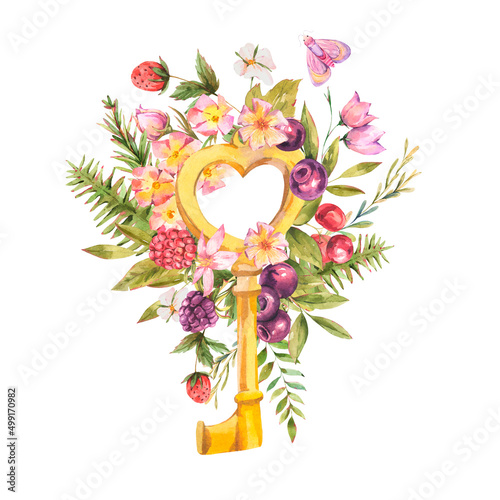 Watercolor gold key with flowers greeting card. Natural boho illustration in vintage style on white background