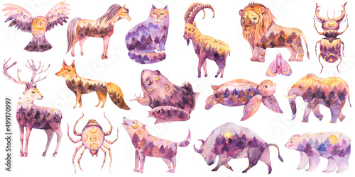 Set of watercolor spiritual sacred animals. Totem animals watercolor illustration