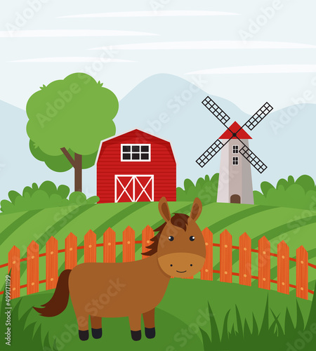Farm horse on farmland. Rural landscape. Flat vector illustration of country side ranch