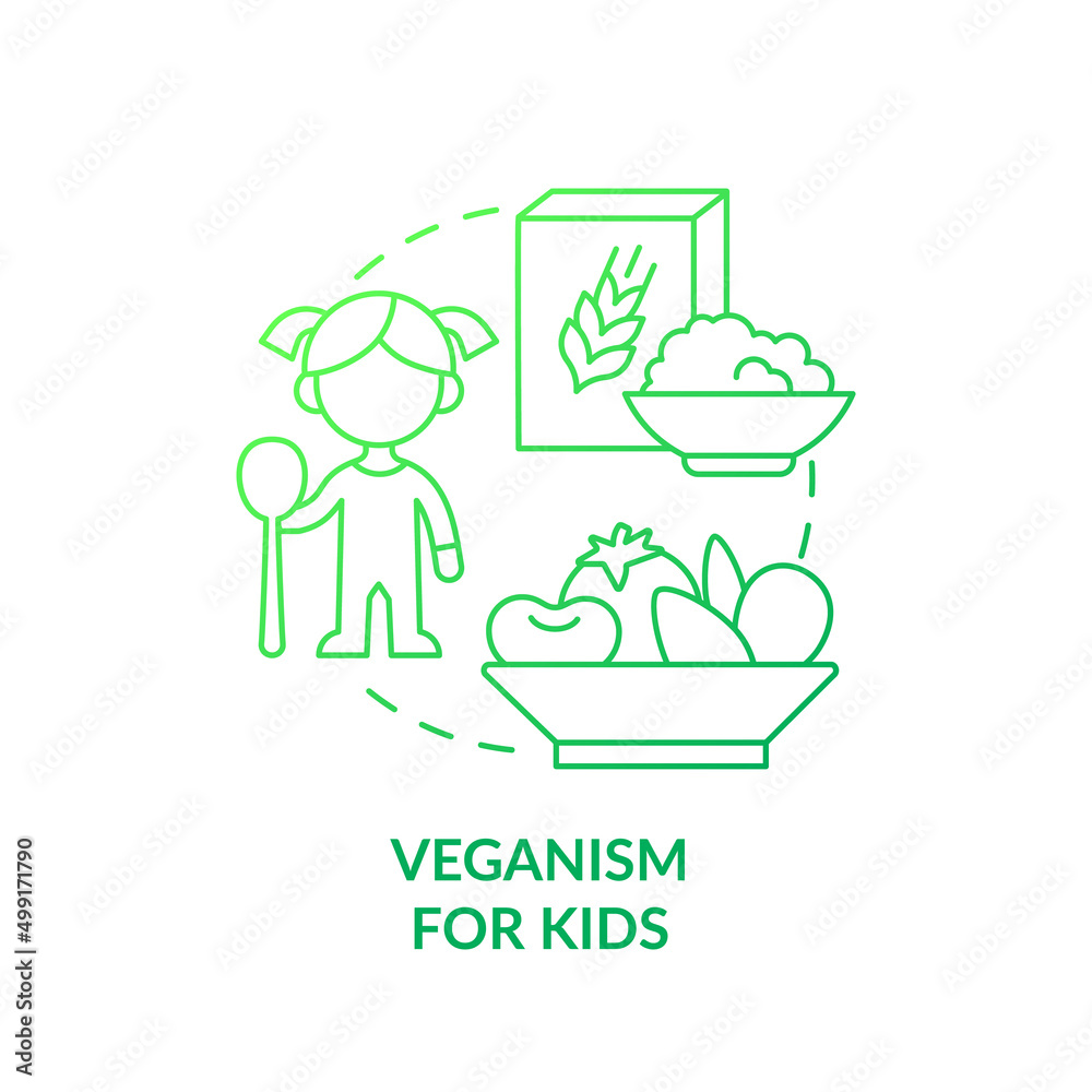 Veganism for kids green gradient concept icon. Essential nutrients for children. Vegan lifestyle abstract idea thin line illustration. Isolated outline drawing. Myriad Pro-Bold font used Veganism for kids green gradient concept icon. Essential nutrients for children. Vegan lifestyle abstract idea thin line illustration. Isolated outline drawing. Myriad Pro-Bold font used