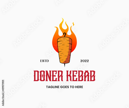 Kebab Logo. Doner Kebab National Turkish Meat Food Meal. Meat Spit With Hook Pole And Hot Fire Flames.