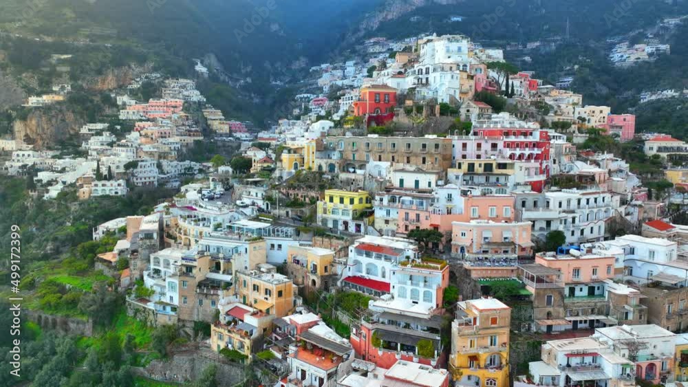 Amalfi coast in Italy, aerial view of famous holiday destination in Italy, mediterranean village of Positano, resort with idyllic turquoise sea, tourism in Italy Amalfi coast in Italy, aerial view of famous holiday destination in Italy, mediterranean village of Positano, resort with idyllic turquoise sea, tourism in Italy