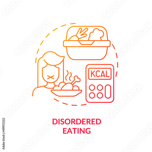 Disordered eating red gradient concept icon. Over fixation and food restrictions. Side effect abstract idea thin line illustration. Isolated outline drawing. Myriad Pro-Bold font used