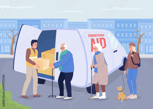 Delivering humanitarian relief flat color vector illustration. Volunteer providing humanitarian aid to vulnerable people 2D simple cartoon characters with cityscape on background. Bebas Neue font used