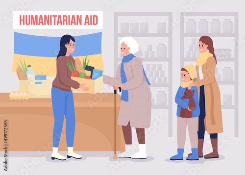 Humanitarian hub visit flat color vector illustration. Family of refugees getting humanitarian aid from volunteer 2D simple cartoon characters with interior on background. Bebas Neue font used