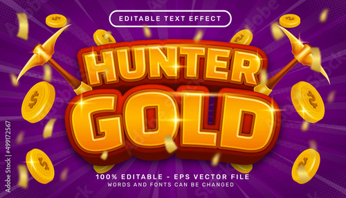 hunter gold 3d text effect and editable text effect with coin illustration