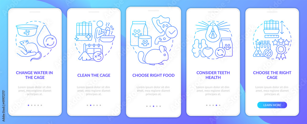 Keeping small animals healthy blue gradient onboarding mobile app screen. Walkthrough 5 steps graphic instructions pages with linear concepts. UI, UX, GUI template. Myriad Pro-Bold, Regular fonts used Keeping small animals healthy blue gradient onboarding mobile app screen. Walkthrough 5 steps graphic instructions pages with linear concepts. UI, UX, GUI template. Myriad Pro-Bold, Regular fonts used