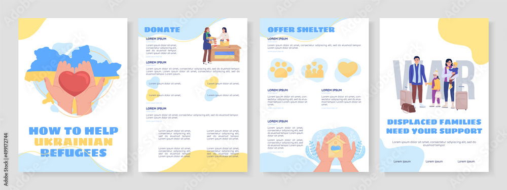 Help ukrainian refugees flat vector brochure template. Booklet, leaflet printable flat color designs. Simple magazine page, reports kit with text space. Sigmar One, Balsamiq Sans, Comfortaa fonts used