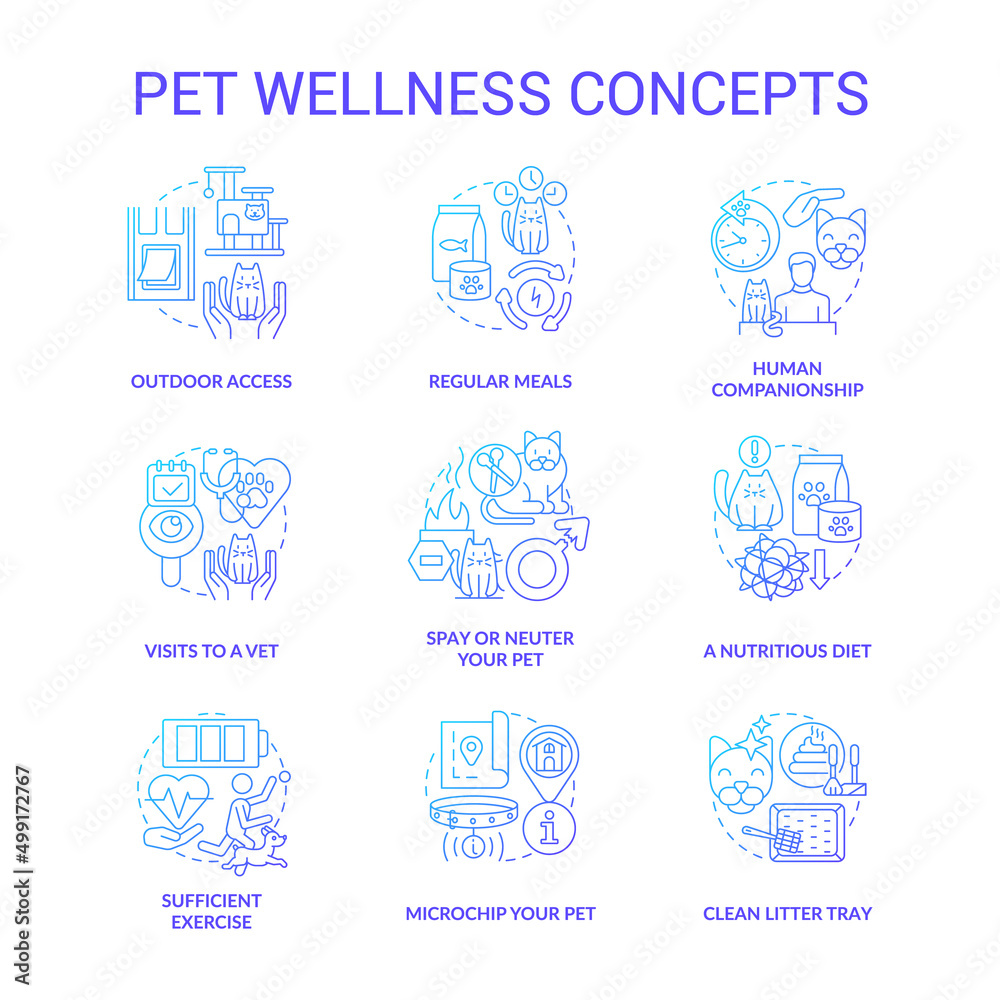 Pet wellness blue gradient concept icons set. Feline and canine wellbeing idea thin line color illustrations. Visit to vet. Nutritious diet. Isolated symbols. Roboto-Medium, Myriad Pro-Bold fonts used