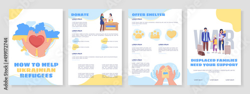 Help ukrainian refugees flat vector brochure template. Booklet, leaflet printable flat color designs. Simple magazine page, reports kit with text space. Sigmar One, Balsamiq Sans, Comfortaa fonts used