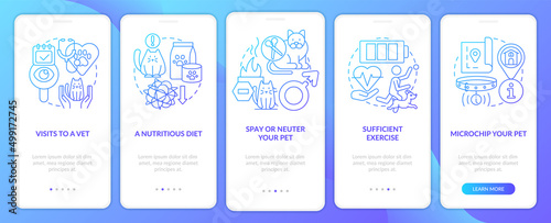 Responsible pet ownership blue gradient onboarding mobile app screen. Walkthrough 5 steps graphic instructions pages with linear concepts. UI, UX, GUI template. Myriad Pro-Bold, Regular fonts used