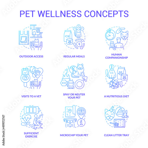 Pet wellness blue gradient concept icons set. Feline and canine wellbeing idea thin line color illustrations. Visit to vet. Nutritious diet. Isolated symbols. Roboto-Medium, Myriad Pro-Bold fonts used