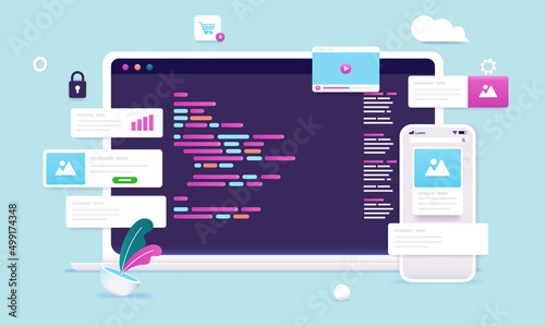 Web programming and development - Laptop computer with code language on screen and website elements around. Vector illustration