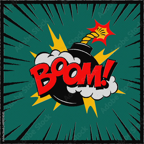 BOOM vector illustration. Bubble bomb in pop art style. Comic vector illustration of a bright and dynamic comic book image of dynamite in retro style on a green background.