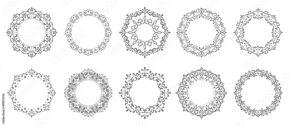 Set of decorative frames Elegant vector element for design in Eastern style, place for text. Floral gray and white borders. Lace illustration for invitations and greeting cards