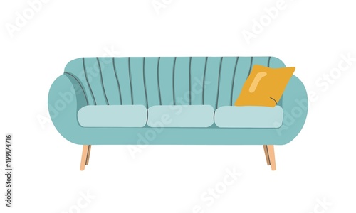 Soft sofa with yellow cushion. Leisure furniture vector. Arrangement of furniture and layout of premises, interior element. Flat design, hand drawn cartoon, vector illustration.