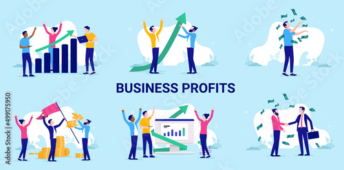 Business money and profits vector collection - Set of illustrations with people having financial success and profits.