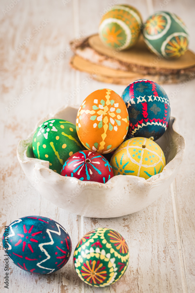 Colorful Easter eggs from East Germany, handmade with wax technique