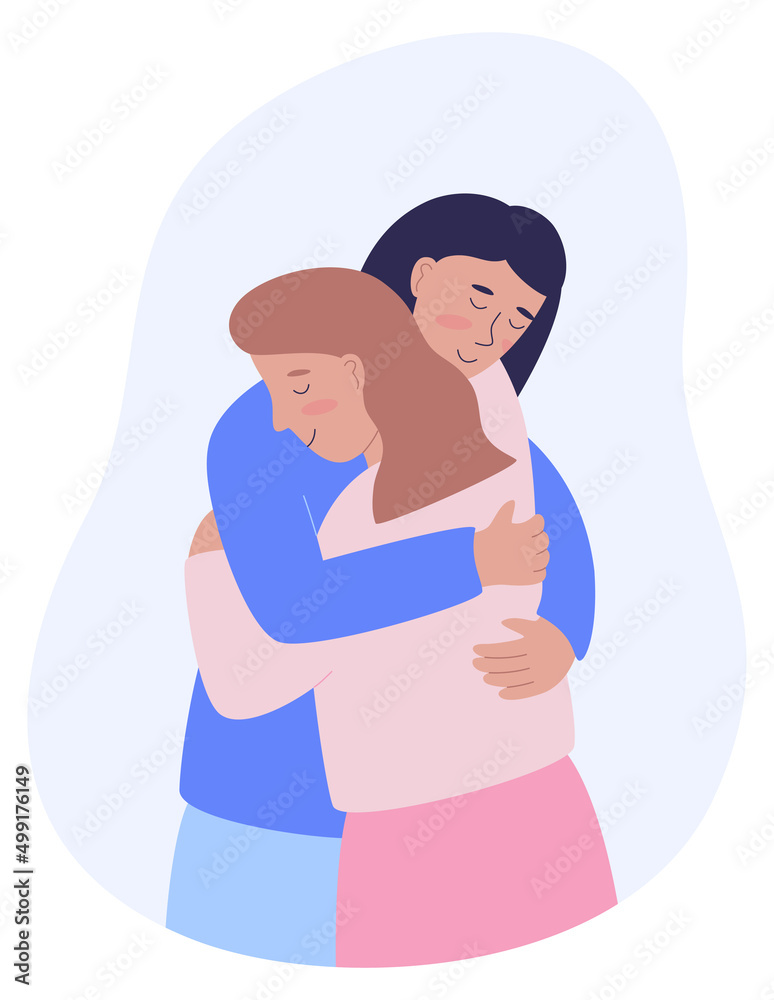 Hugging women. Happy meeting or supportive hugs. Flat style vector illustration.